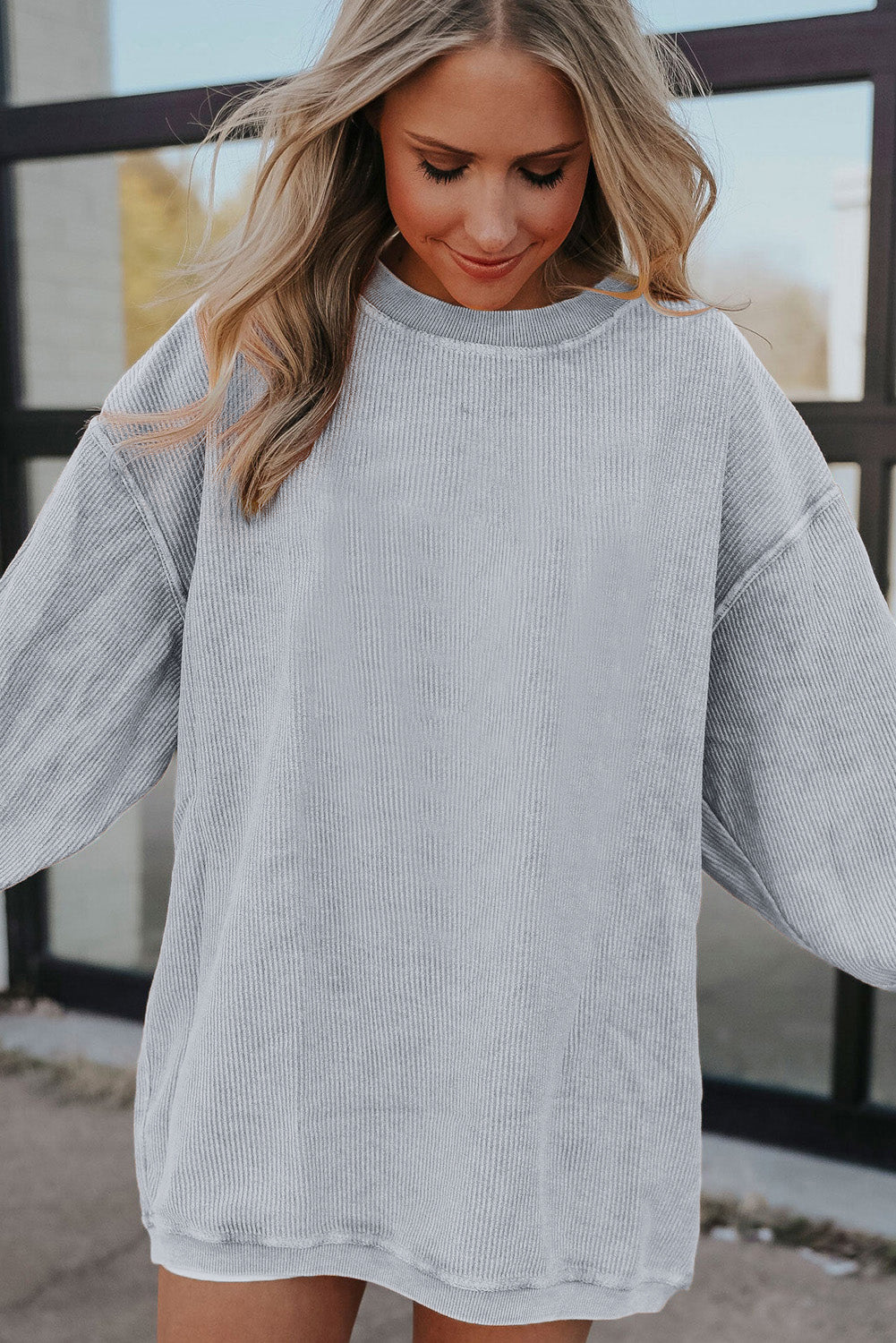 Light Grey Drop Shoulder Ribbed Oversized Sweatshirt