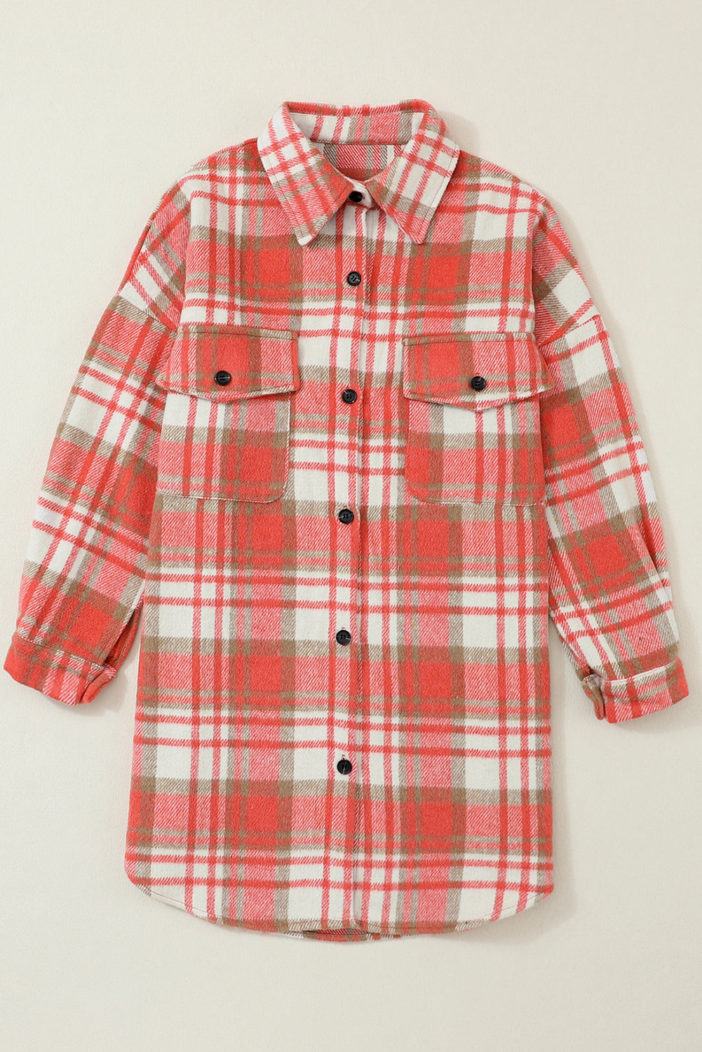 Red Plaid Flap Pocket Long Sleeve Oversized Shacket