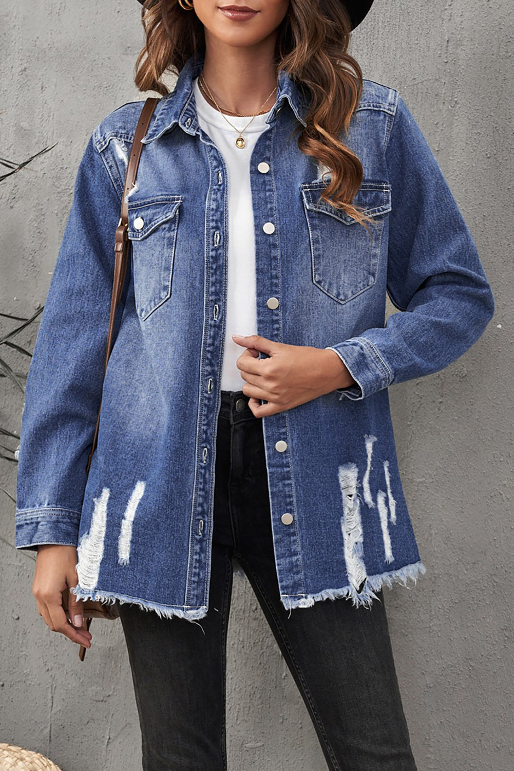 Dark Blue Flap Pocket Distressed Raw Hem Denim Jacket