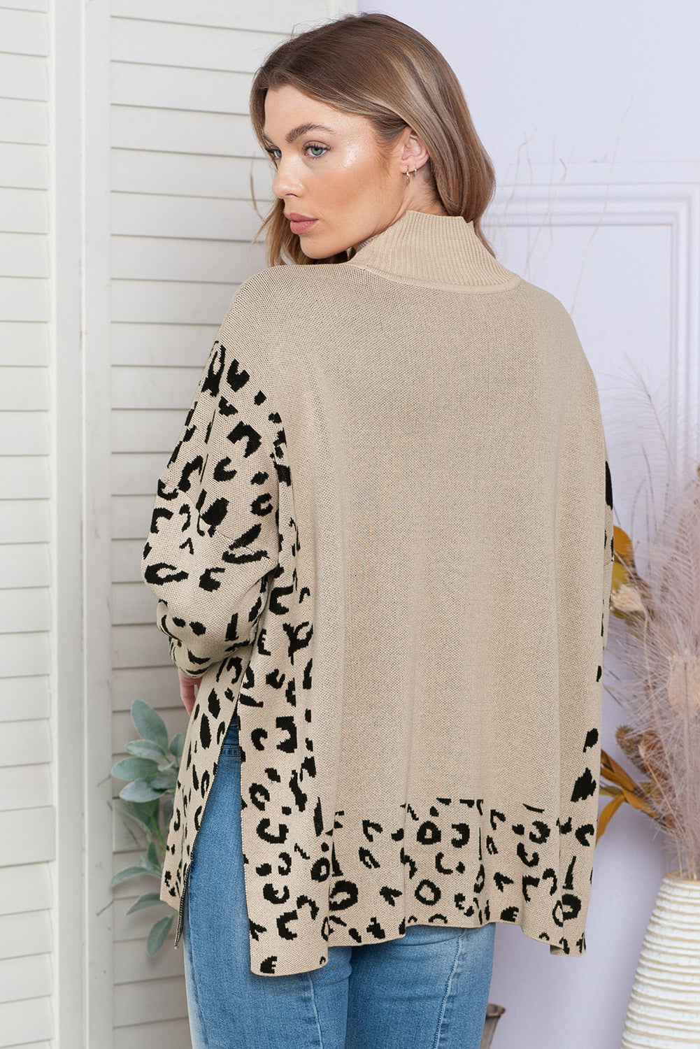 Khaki Plus Size Leopard Patchwork High Neck Sweater