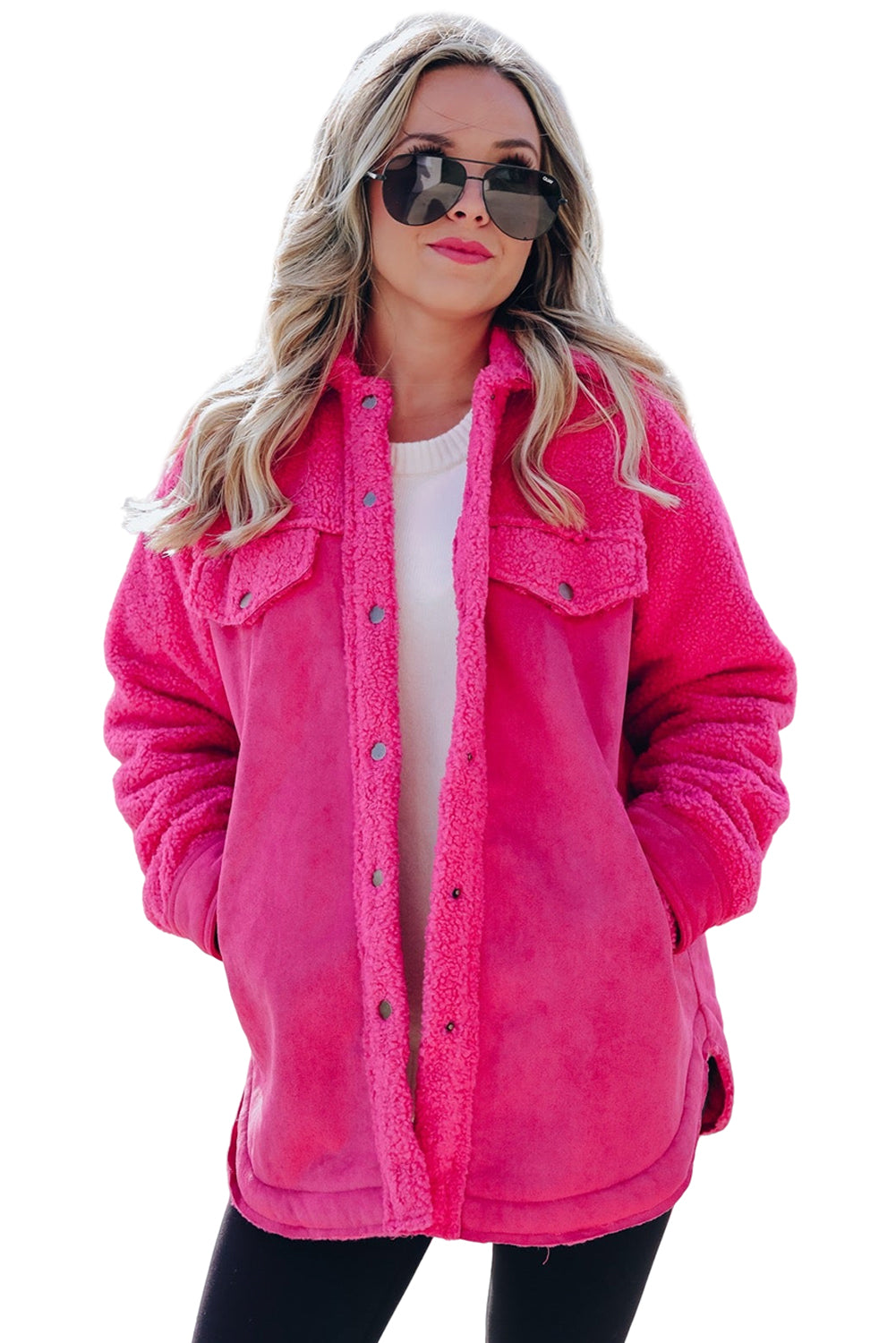 Rosy Faux Suede Sherpa Patchwork Button Up Shacket