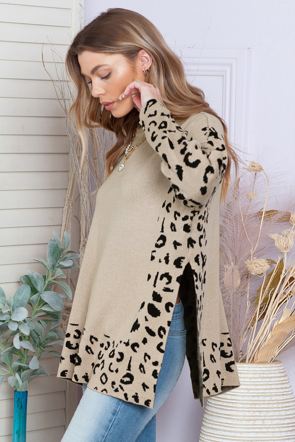 Khaki Plus Size Leopard Patchwork High Neck Sweater