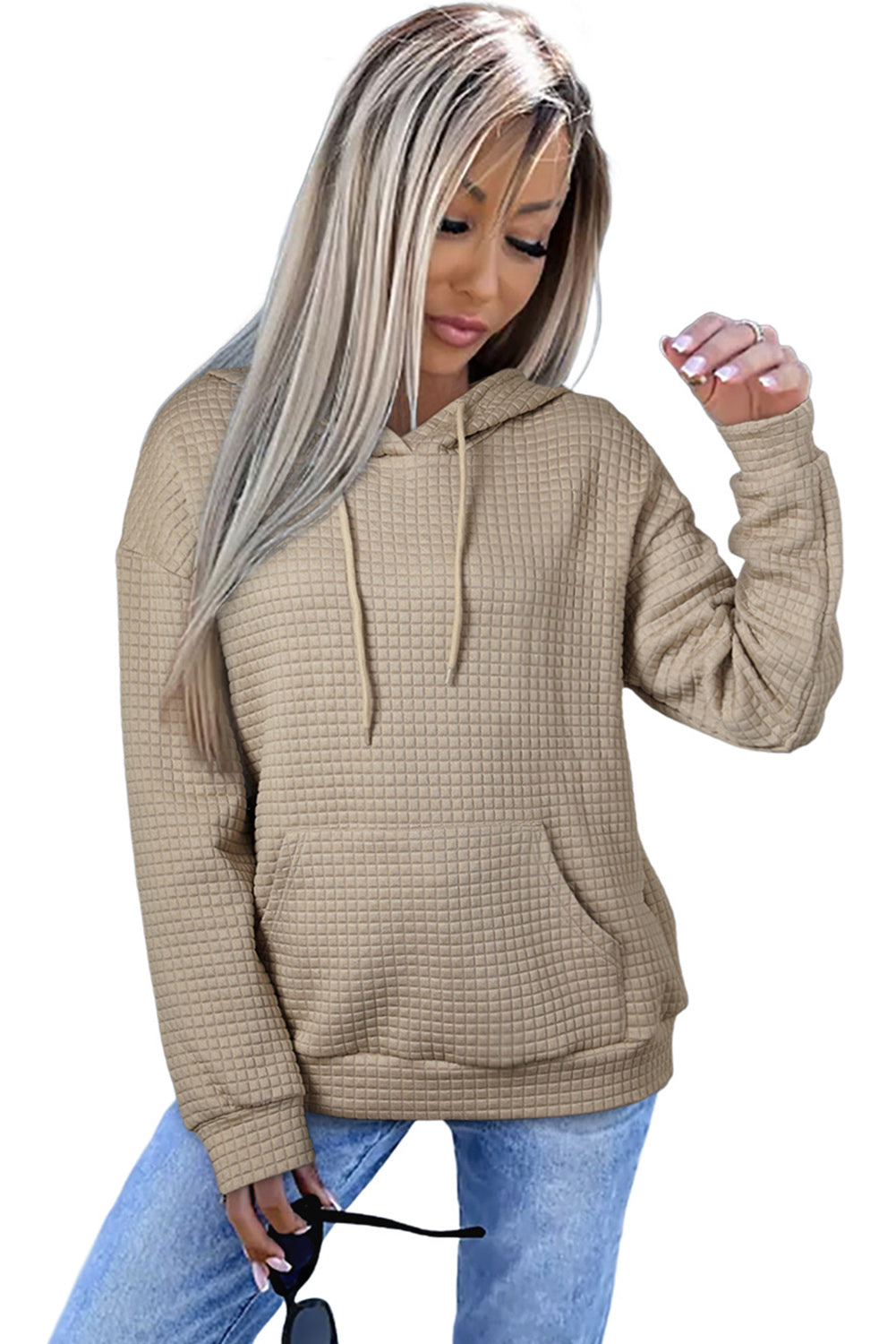 Black Lattice Textured Kangaroo Pocket Drawstring Hoodie