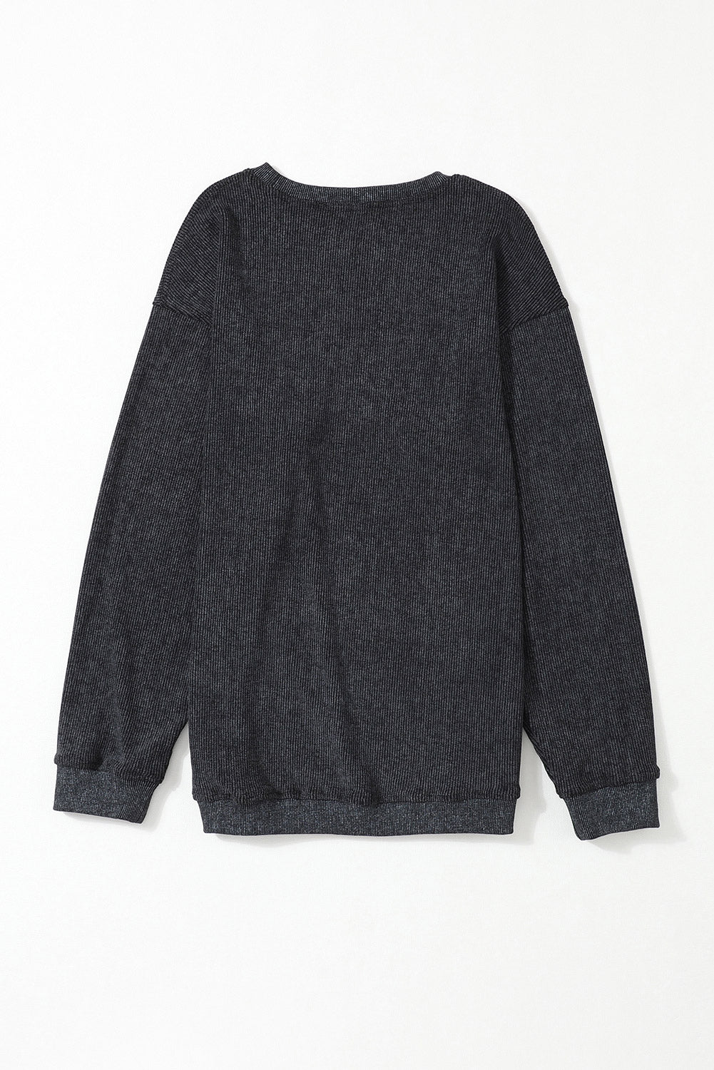 Plain Gray Solid Ribbed Knit Round Neck Pullover Sweatshirt