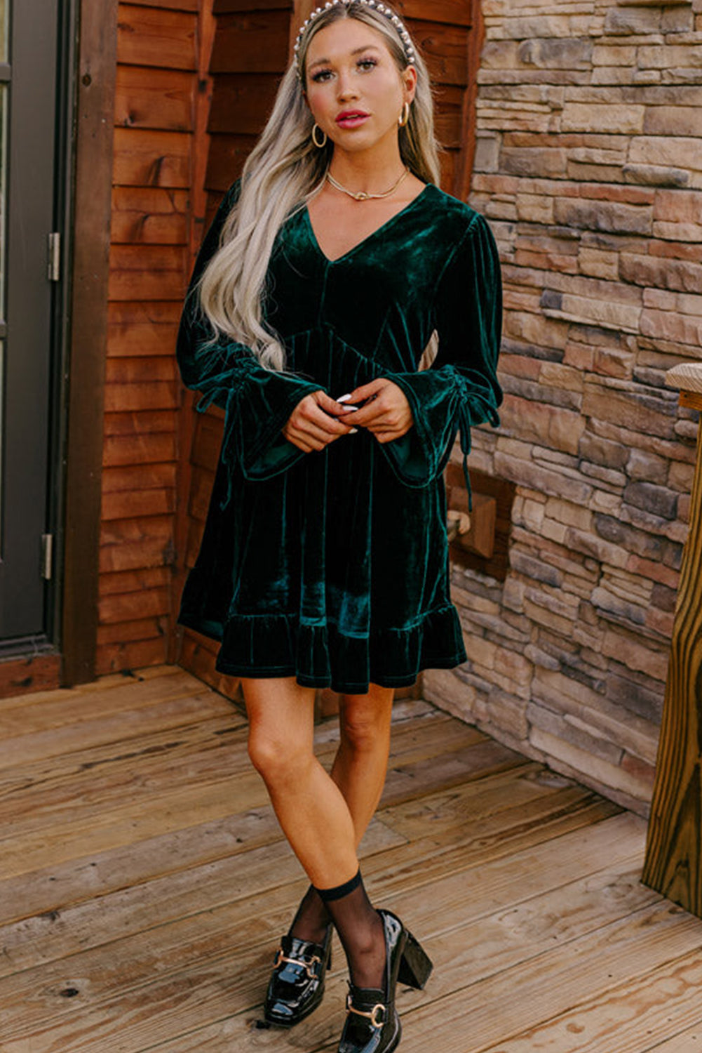 Blackish Green V Neck Lace Up Sleeve Ruffled Velvet Dress