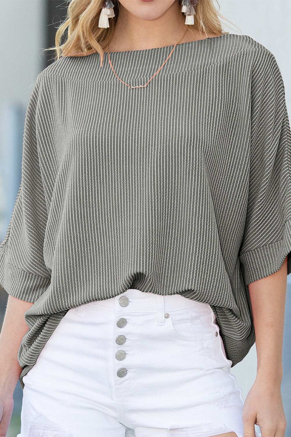 Gray Boatneck Batwing Sleeve Cording Blouse