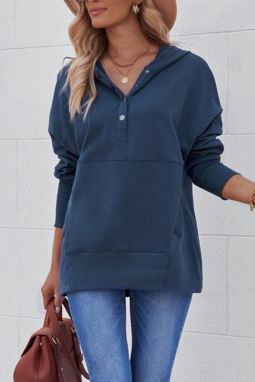 Dark Blue Snap Button Batwing Sleeve Pocket Henley Hoodie