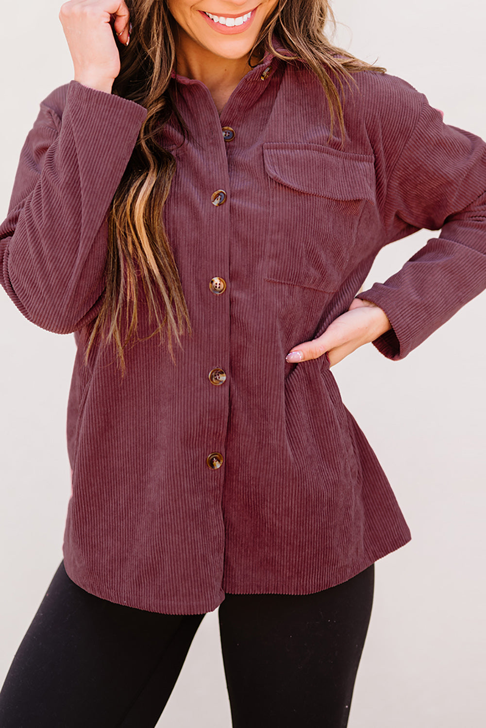 Plum Button Up Patch Pocket Corduroy Shacket