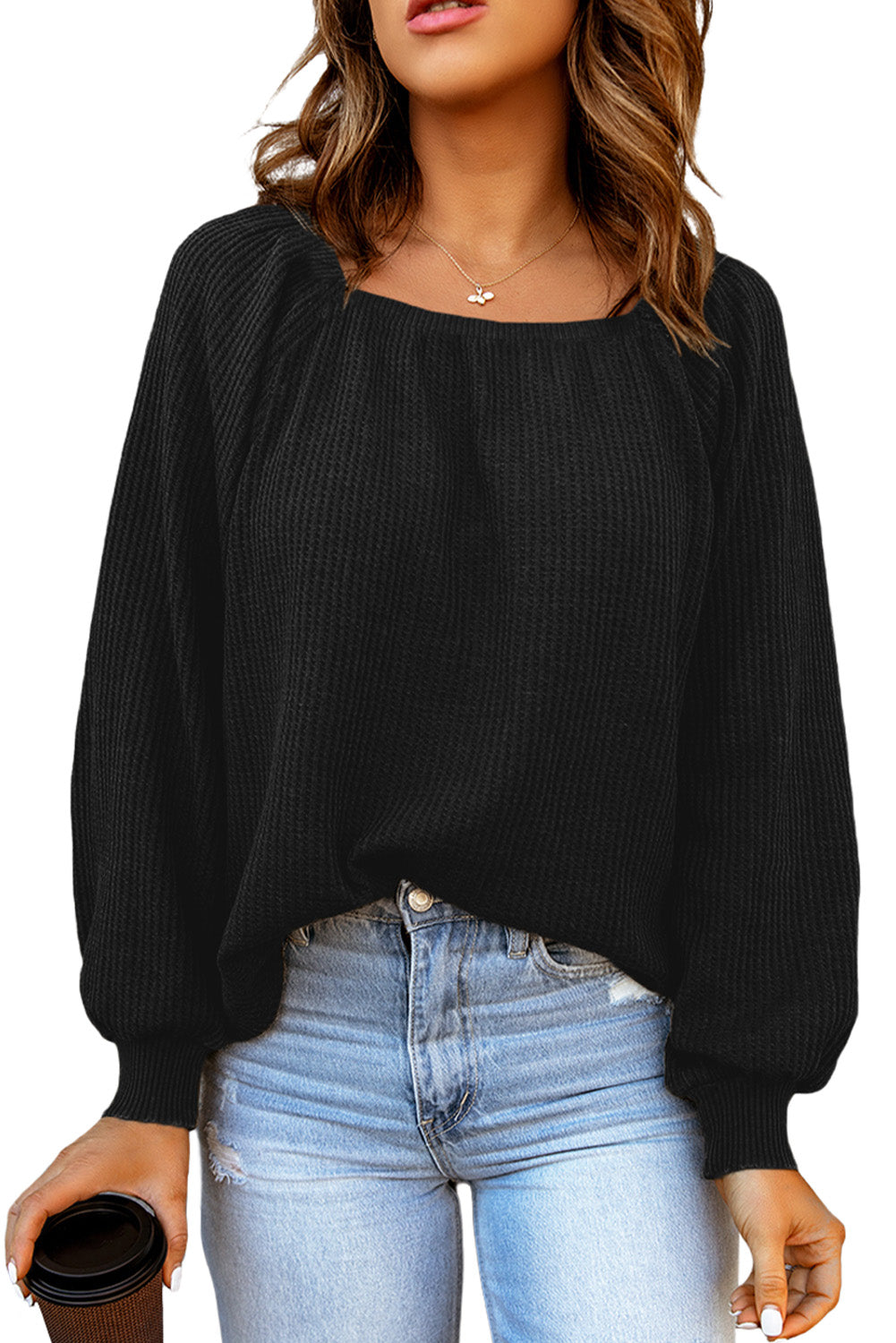 Black Waffle Textured Square Neck Bishop Sleeve Top