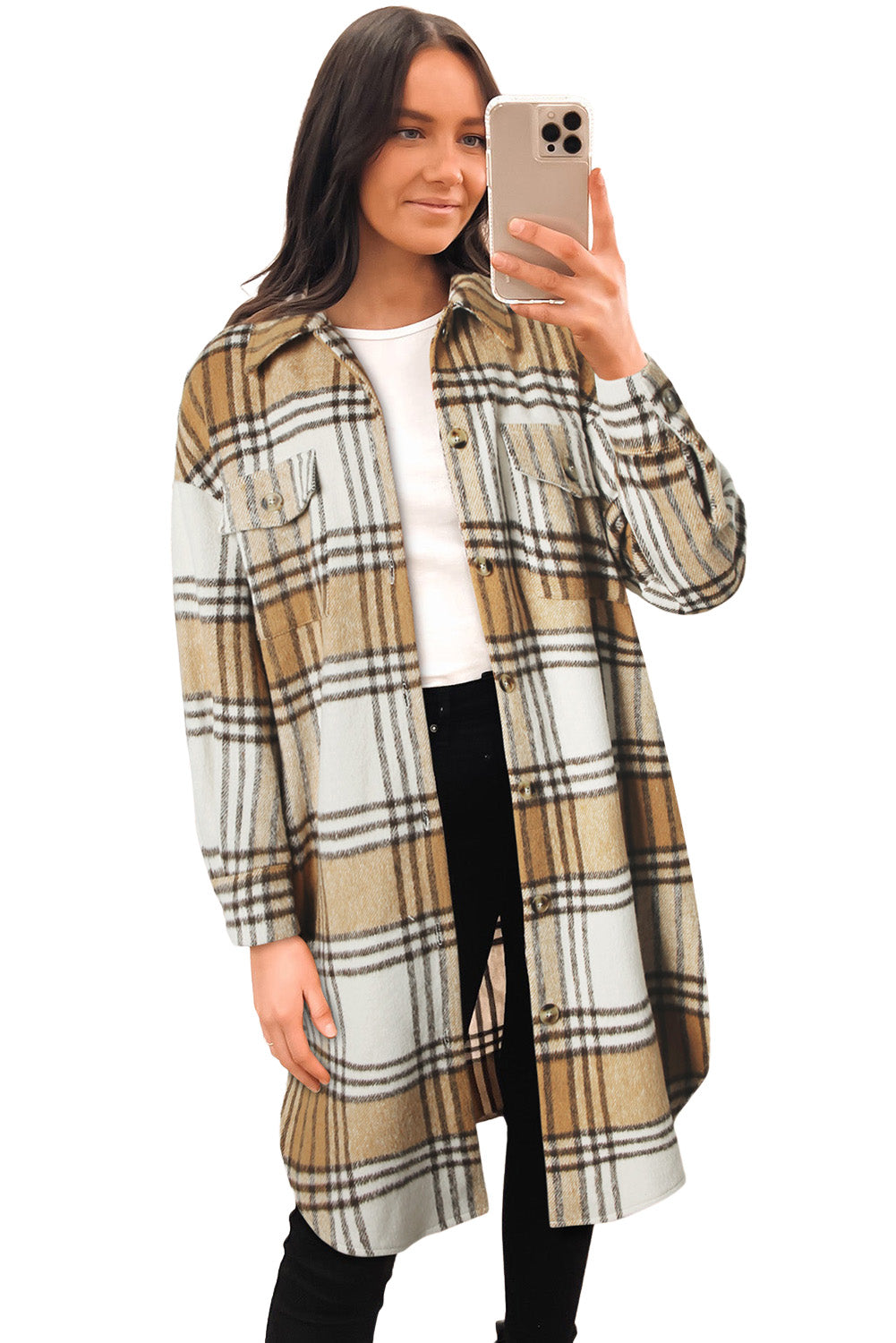 Khaki Colorblock Plaid Button Up Long Shacket