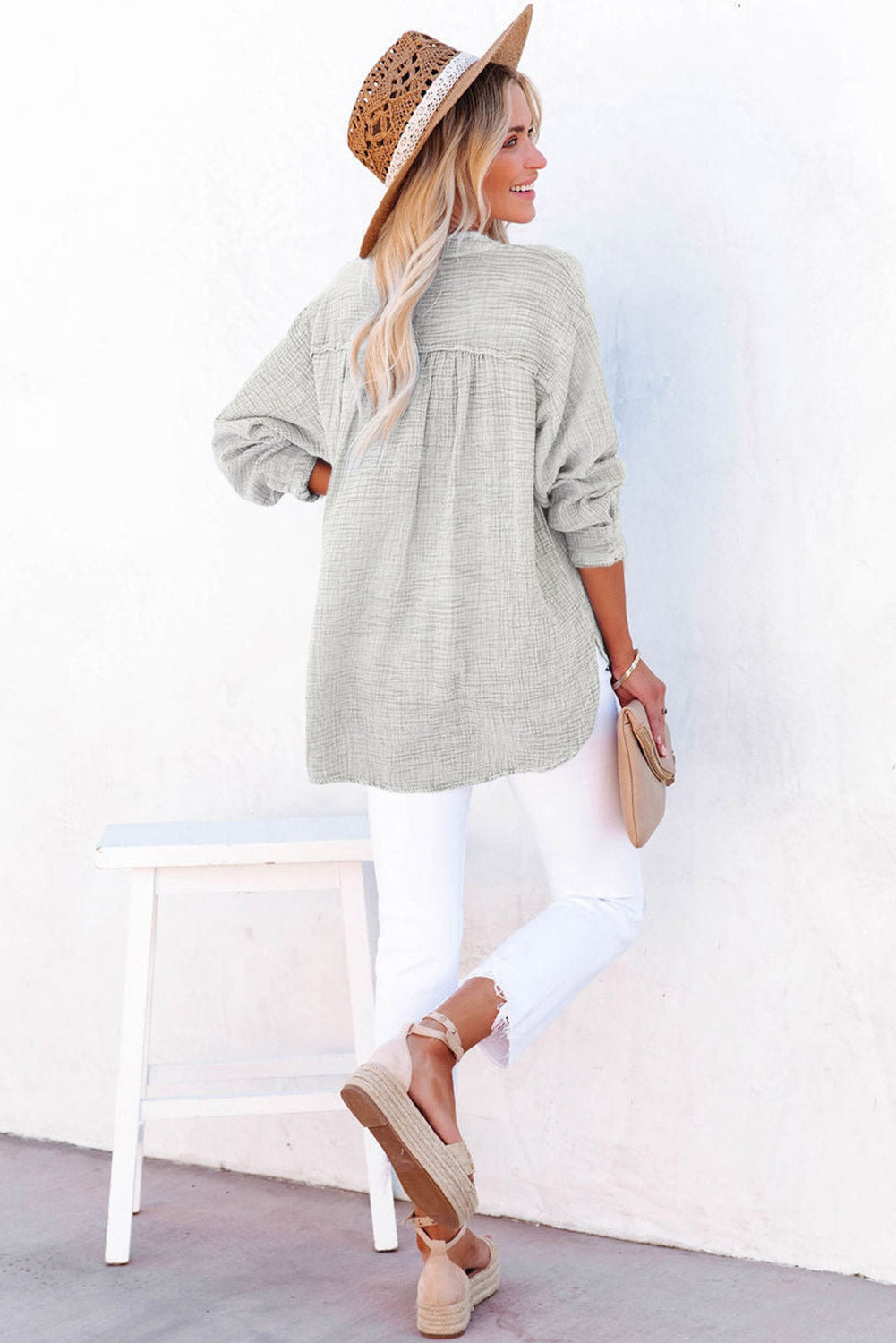 Gray Loose Crinkle Button V Neck Henley Top