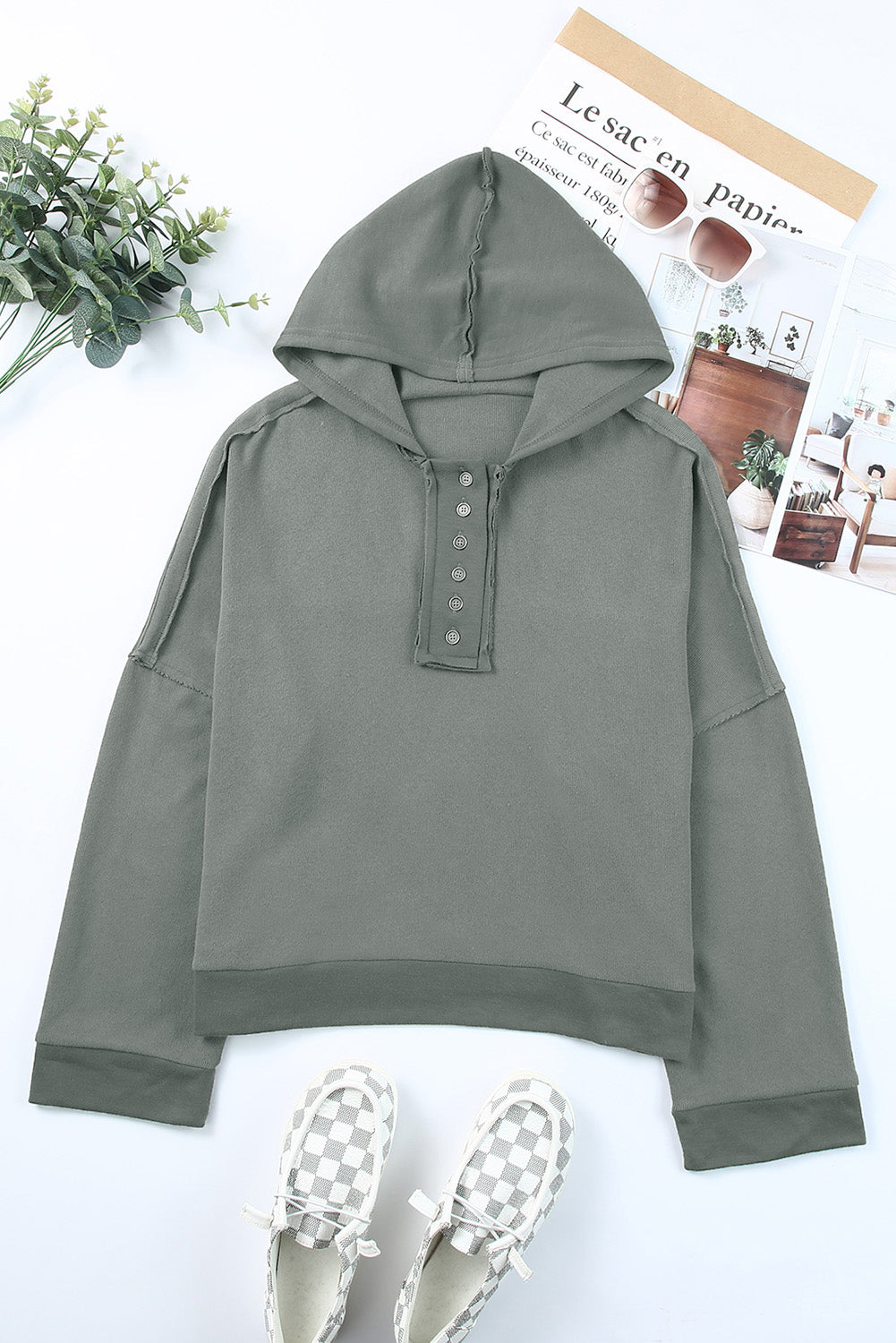 Light Blue Solid Patchwork Button Seam Trim Hoodie