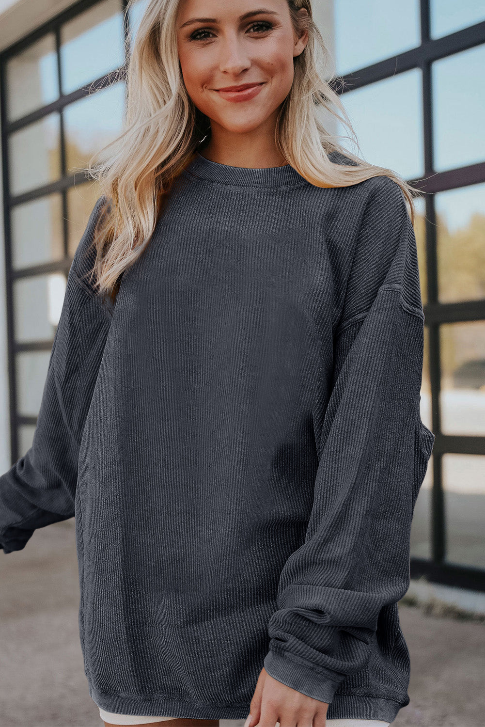 Light Grey Drop Shoulder Ribbed Oversized Sweatshirt