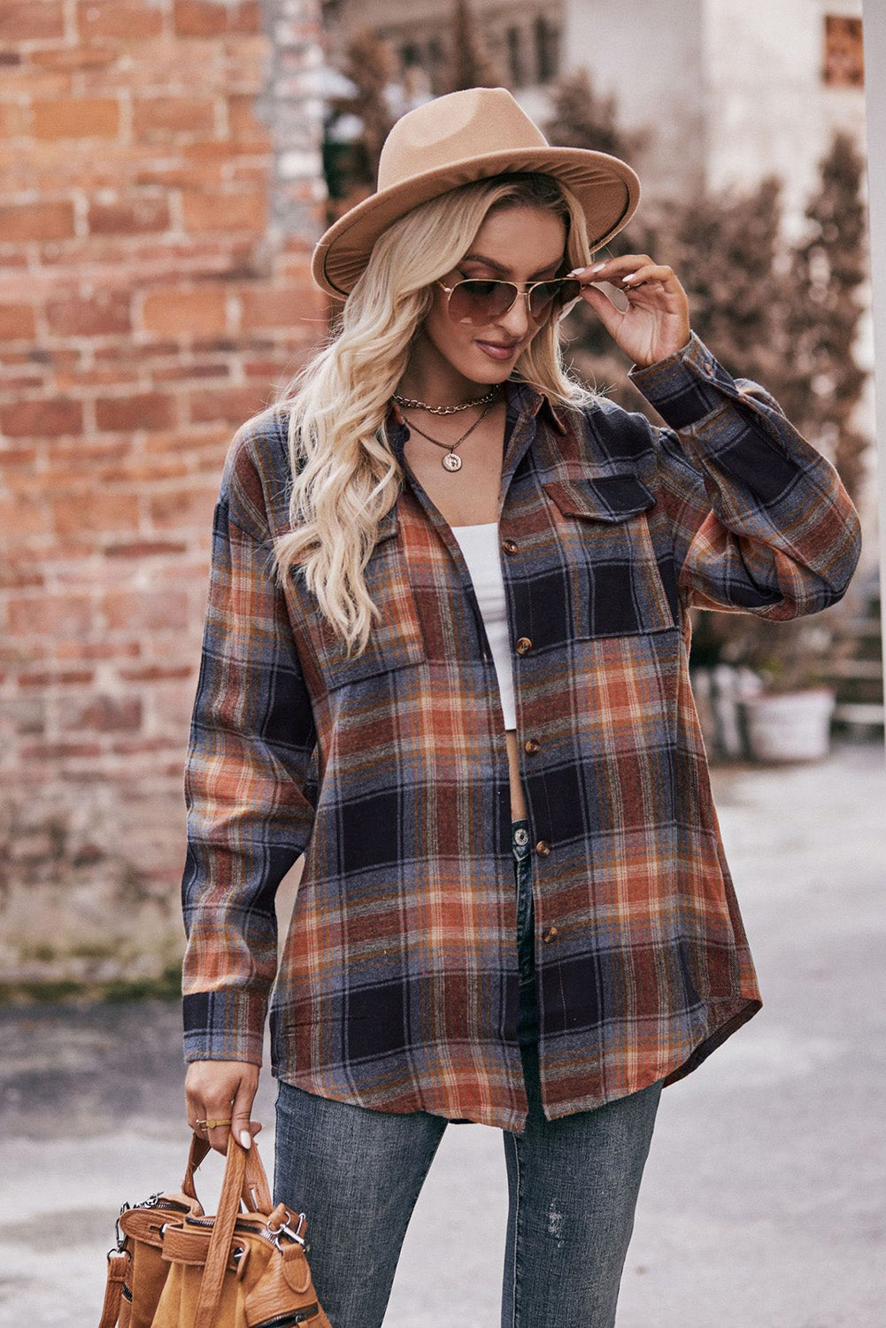 Multicolor Plaid Colorblock Button Up Shacket