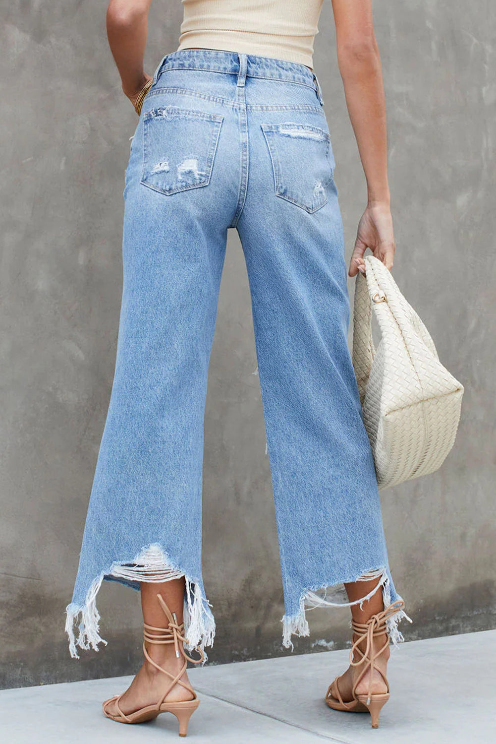 Blue Heavy Destroyed Raw Hem Wide Leg Jeans