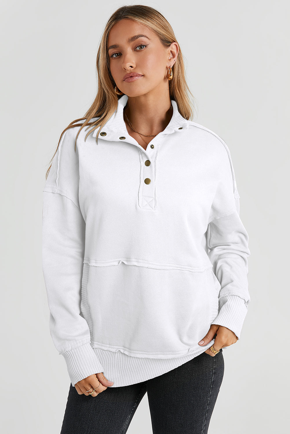 White Ribbed Trim Snap Button Collar Kangaroo Pocket Sweatshirt