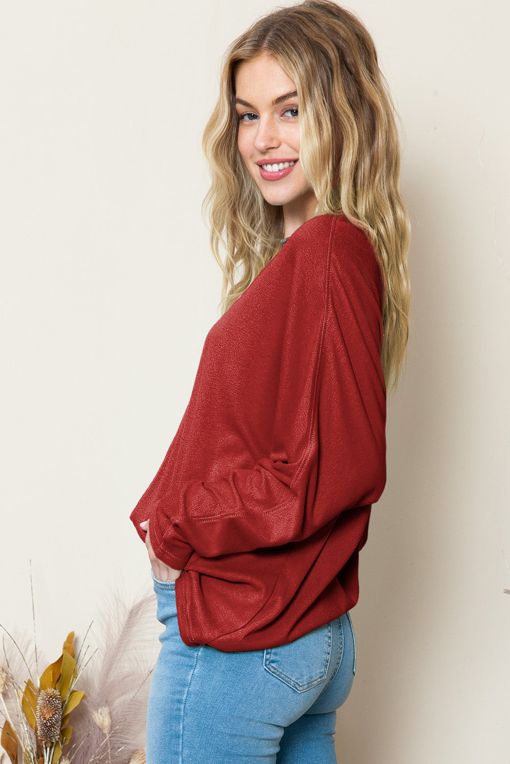 Red Basic Solid Color Seam Patchwork Long Sleeve Top