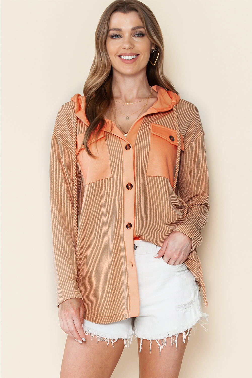 Apricot Flap Pockets Patchwork Hooded Ribbed Shacket