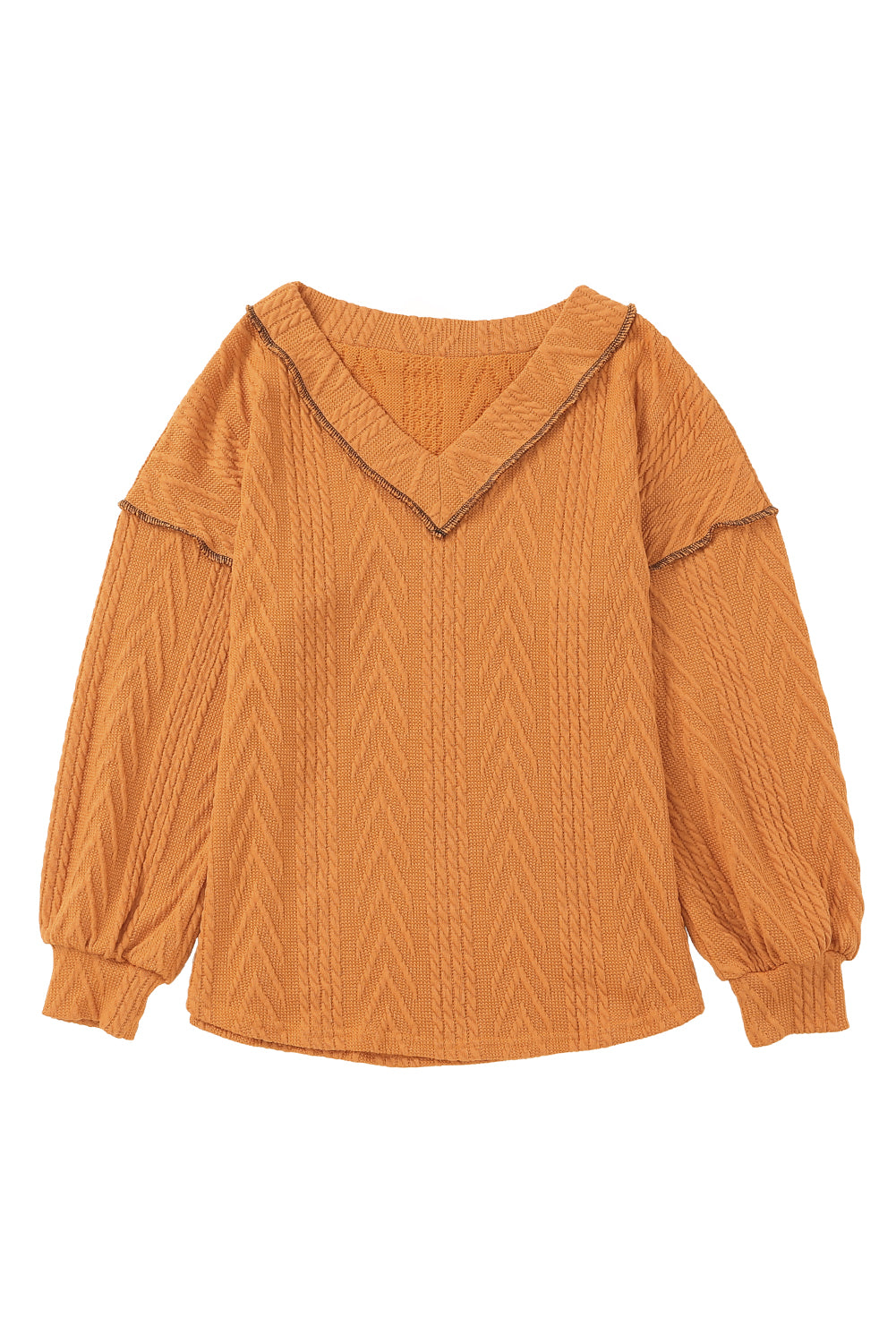 Orange Textured Casual V Neck Bishop Sleeve Top