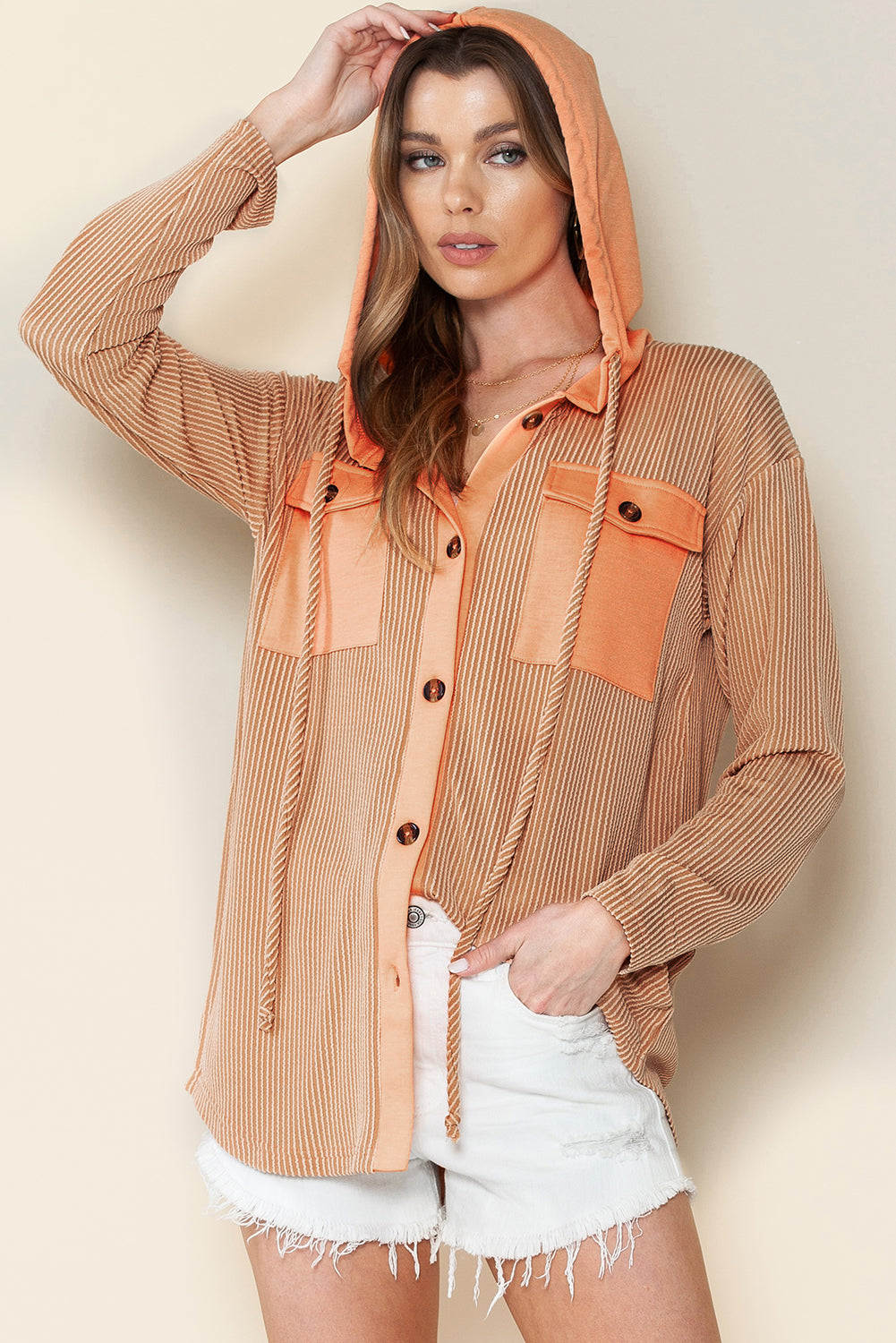 Apricot Flap Pockets Patchwork Hooded Ribbed Shacket