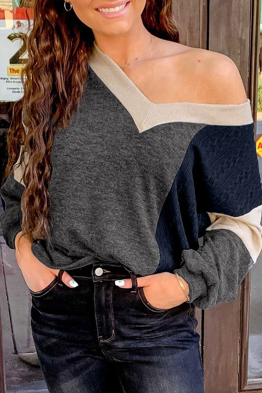 Black Contrast V Neck Colorblock Long Sleeve Top