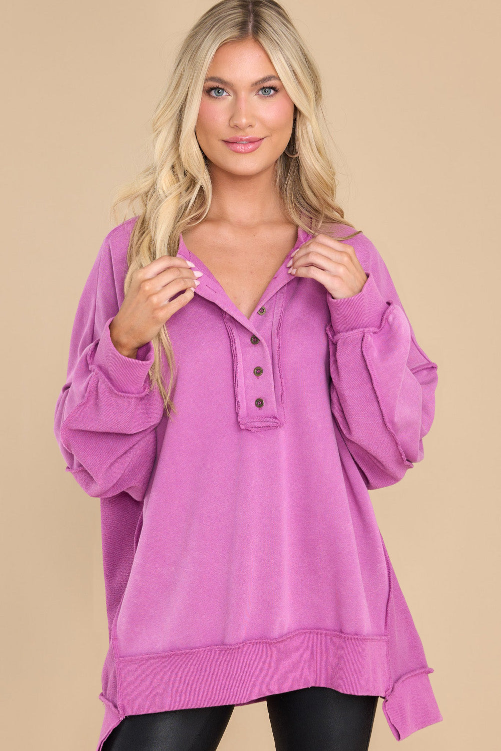 Green Patchwork Exposed Seam Oversized Henley Sweatshirt