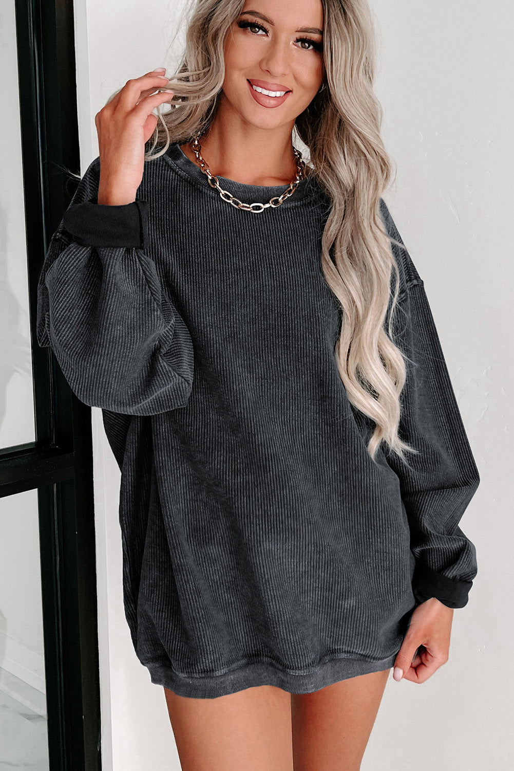 Plain Gray Solid Ribbed Knit Round Neck Pullover Sweatshirt