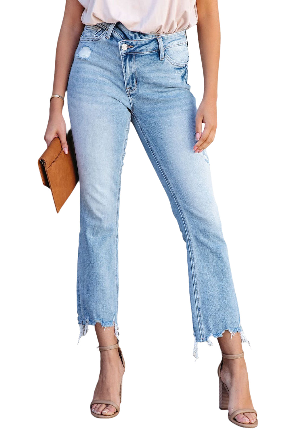 Sky Blue Cross Over Waist Raw Edge Cropped Jeans