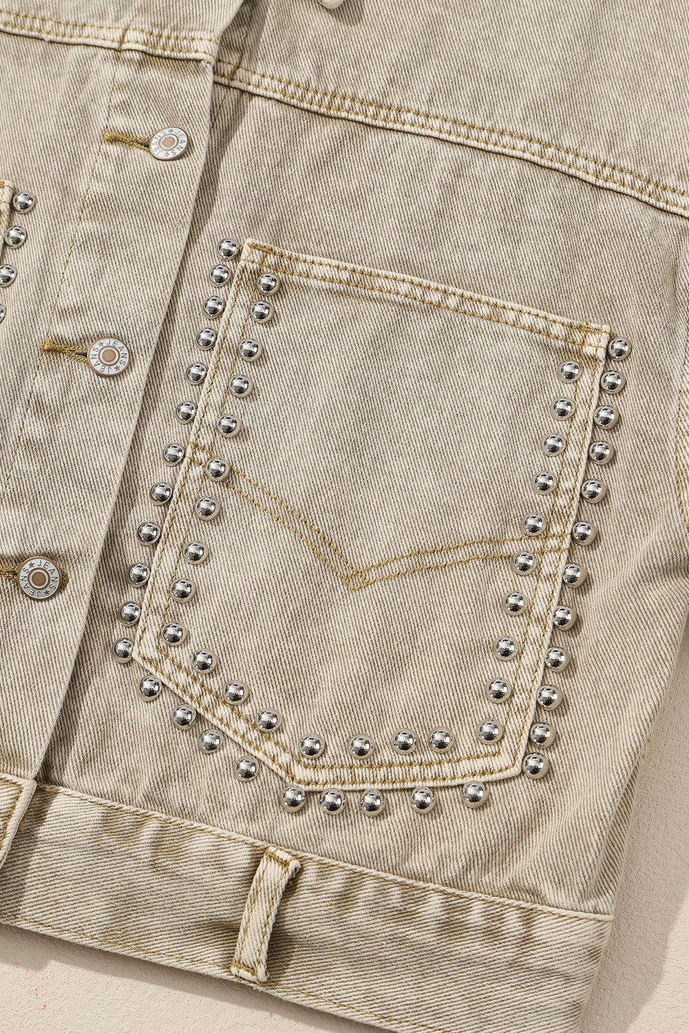 Khaki Rivets Pocketed Cropped Denim Jacket