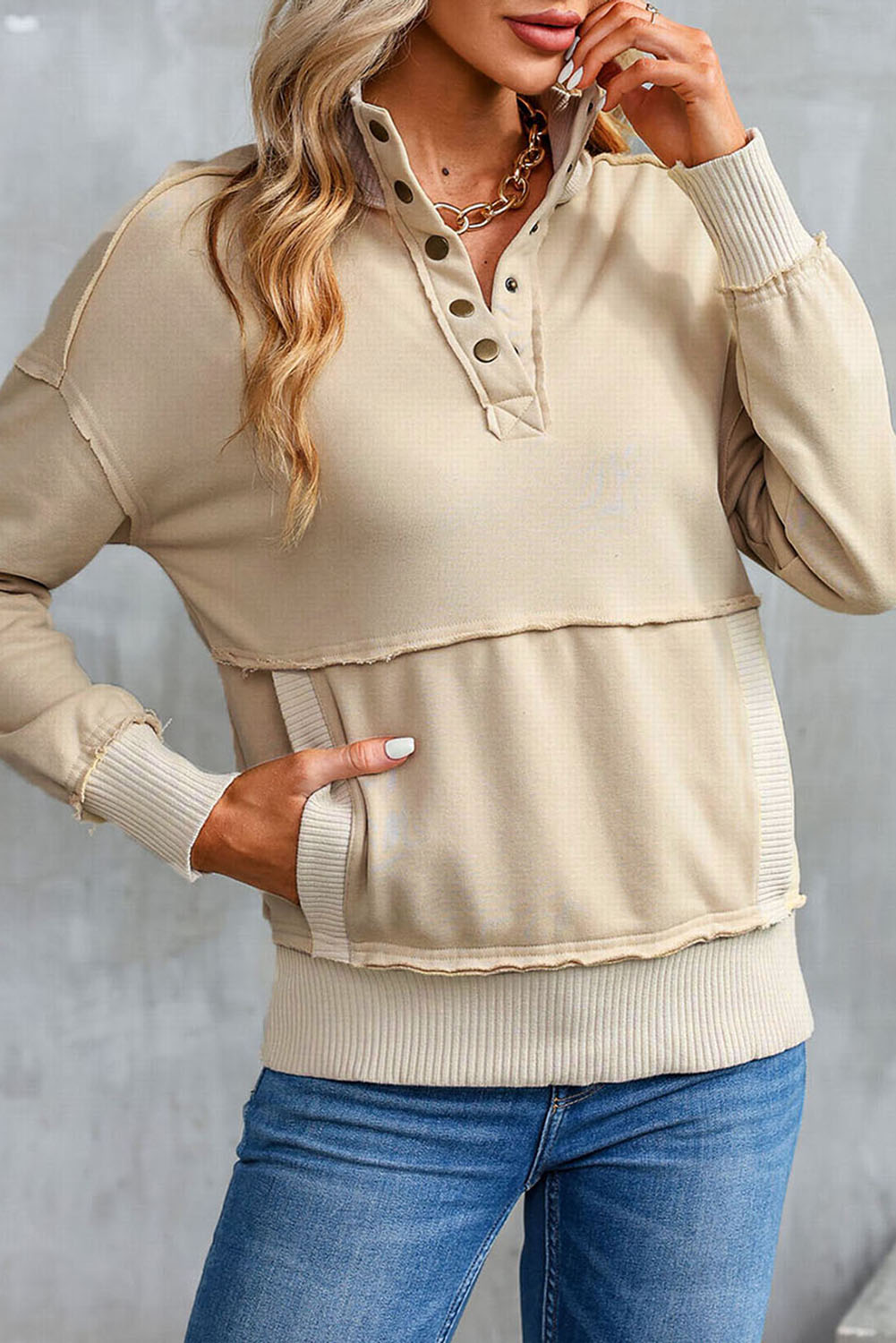 White Ribbed Trim Snap Button Collar Kangaroo Pocket Sweatshirt