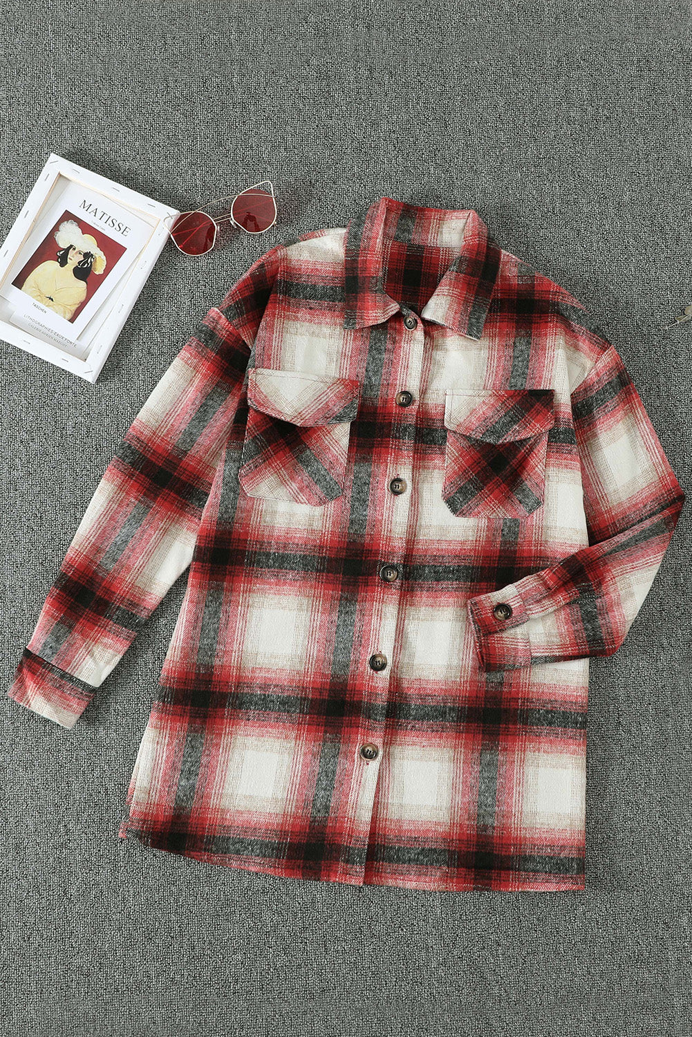 Red Plaid Turn Down Neck Pocket Buttoned Shacket