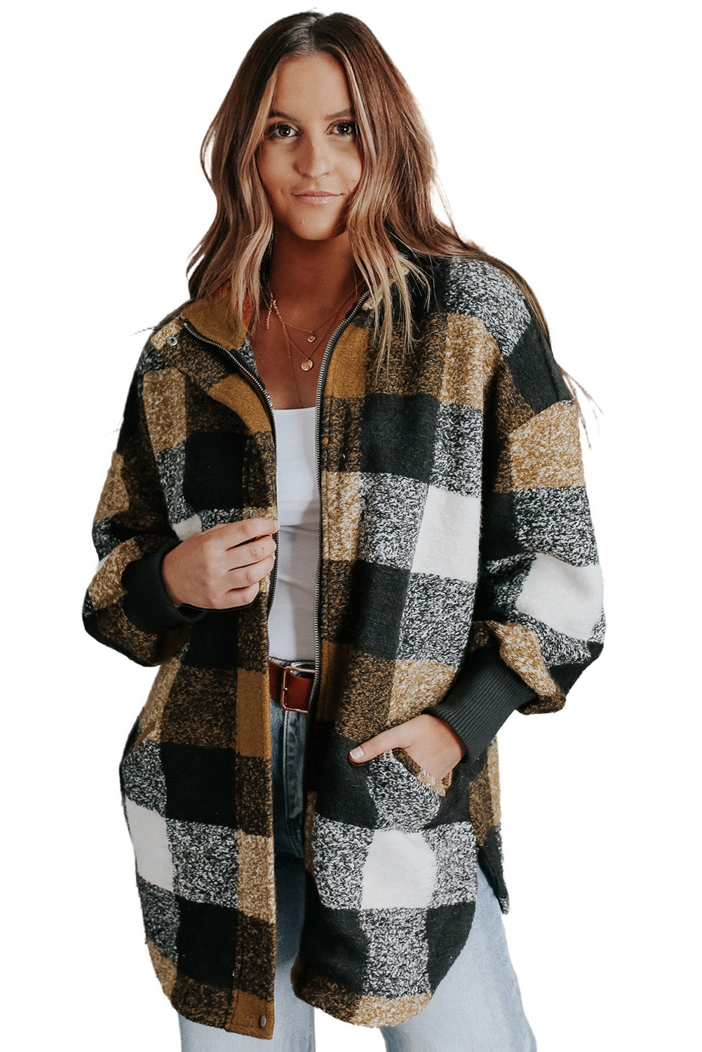 Black Plaid Colorblock Casual Pockets Zipper Coat