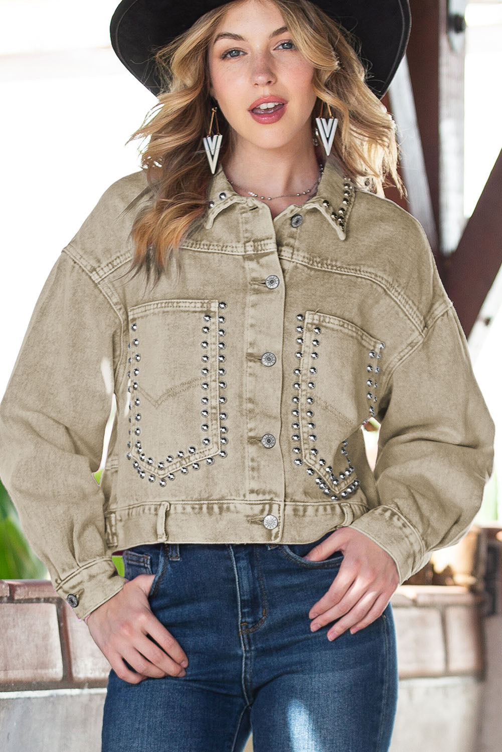 Khaki Rivets Pocketed Cropped Denim Jacket