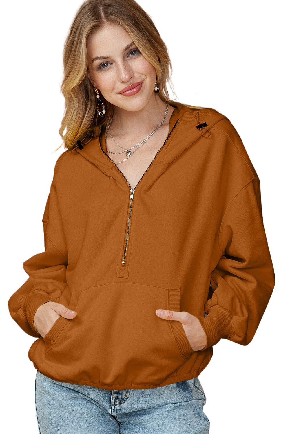 Brown Half Zip Pullover Hoodie with Kangaroo Pocket