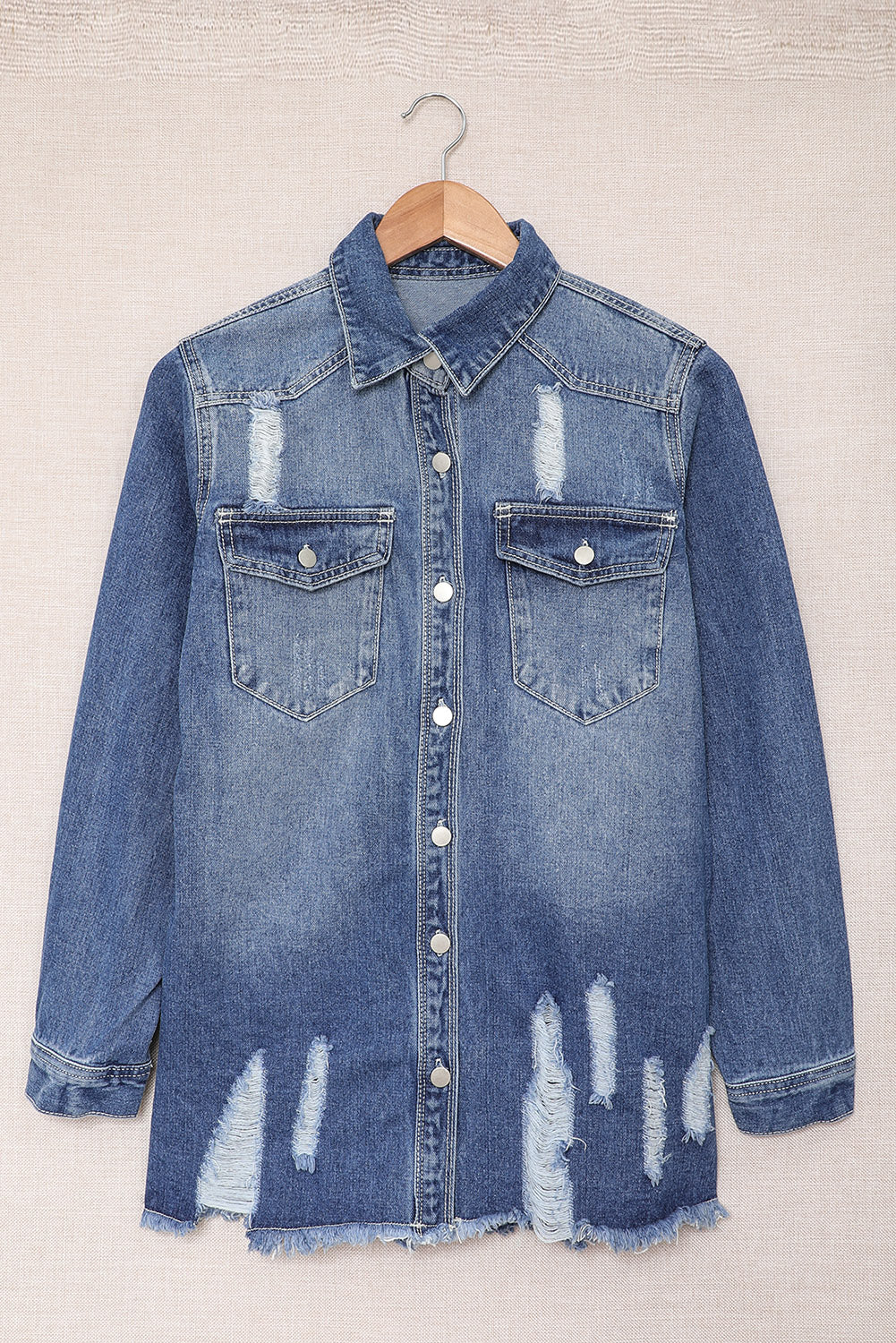 Dark Blue Flap Pocket Distressed Raw Hem Denim Jacket