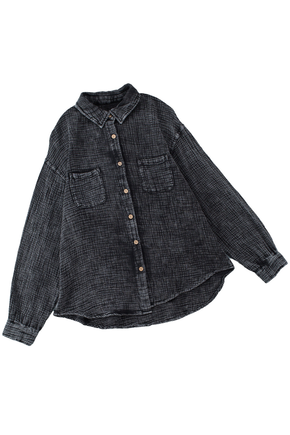 Sky Blue Mineral Wash Crinkle Textured Chest Pockets Shirt