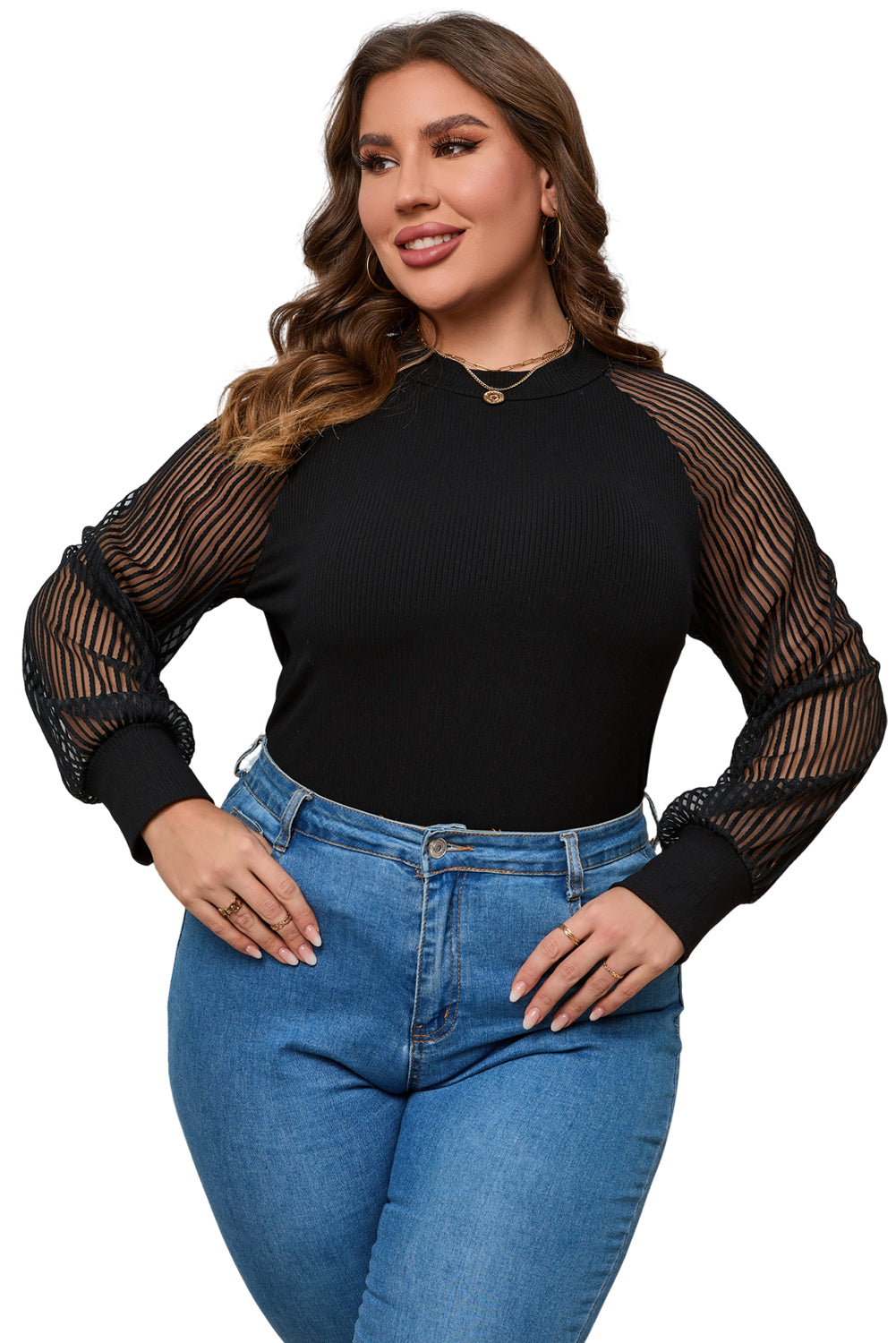 Black Ribbed Knit Sheer Striped Sleeve Plus Size Top