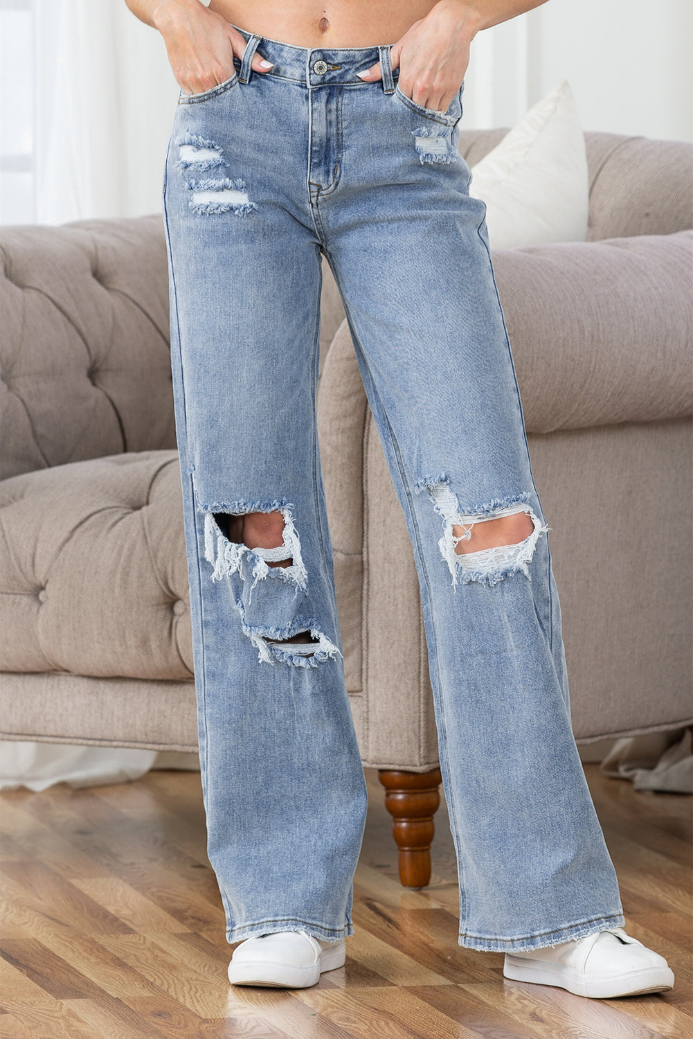 Light Blue Destroyed Ripped Casual Wide Leg Jeans