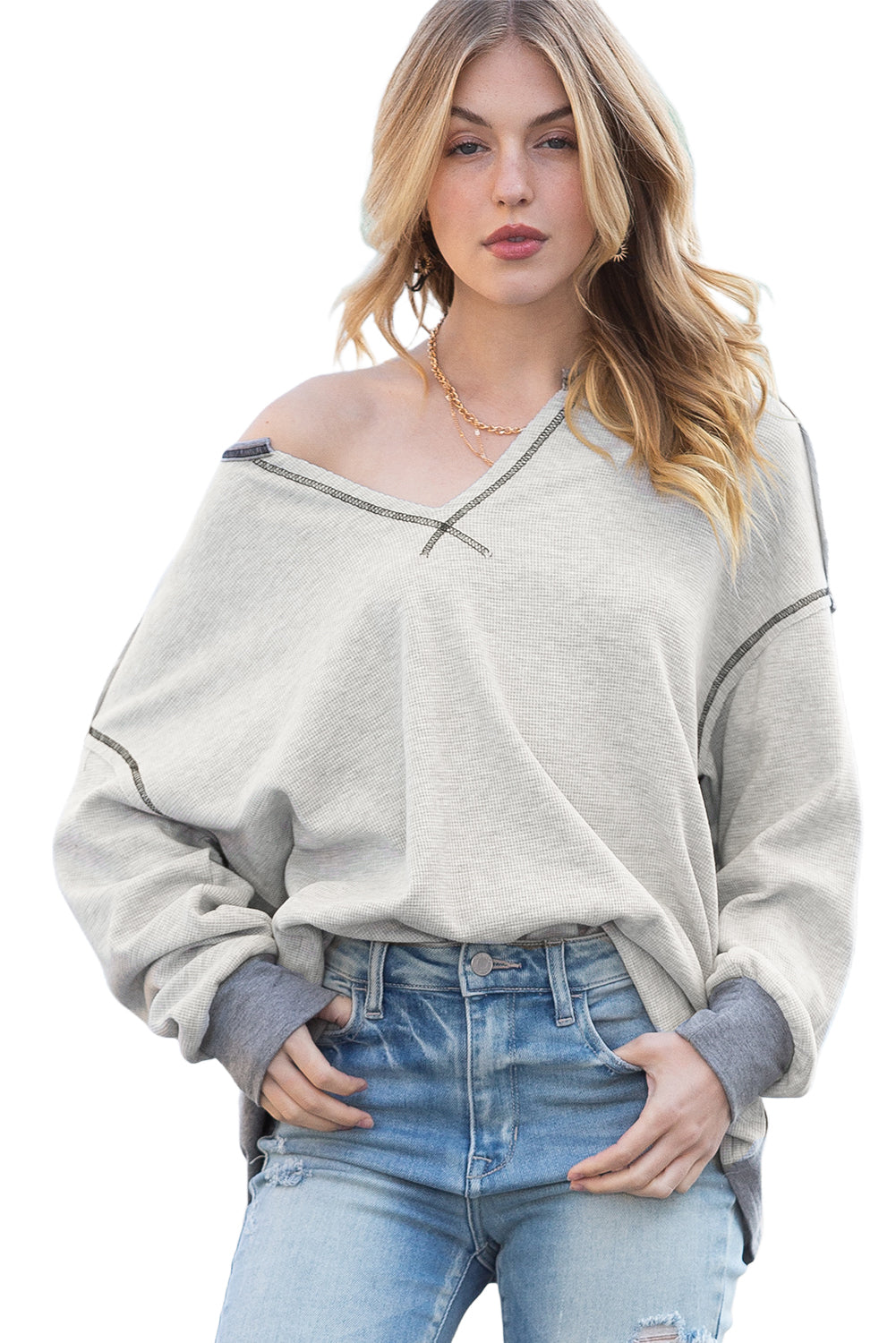 Gray Patchwork Ribbed Drop Shoulder Long Sleeve Top