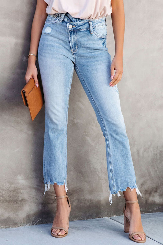 Sky Blue Cross Over Waist Raw Edge Cropped Jeans