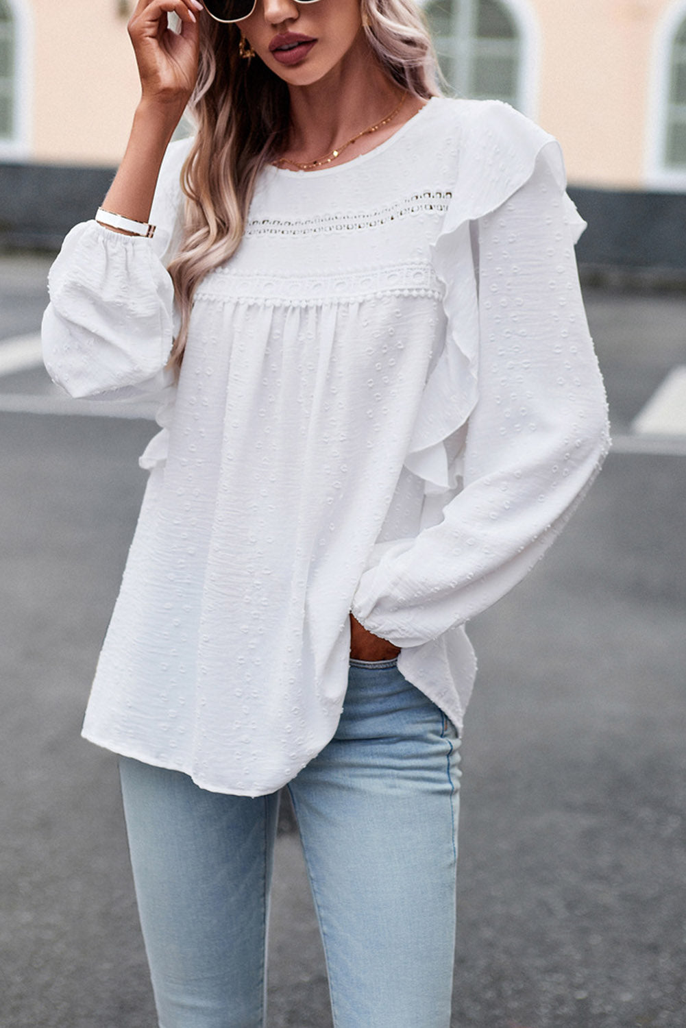 Bright White Swiss Dot Ruffle Shoulder Long Sleeve Blouse