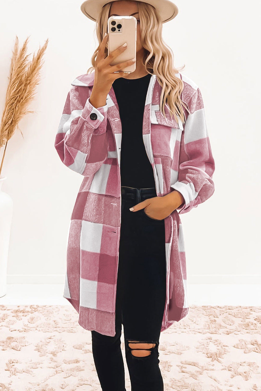 Rose Plaid Button Down Flap Pocket Long Shacket