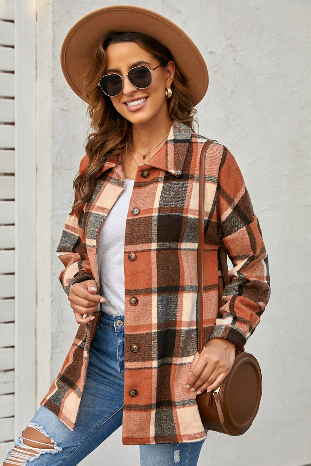 Red and Grey Button Up Flannel Plaid Shacket