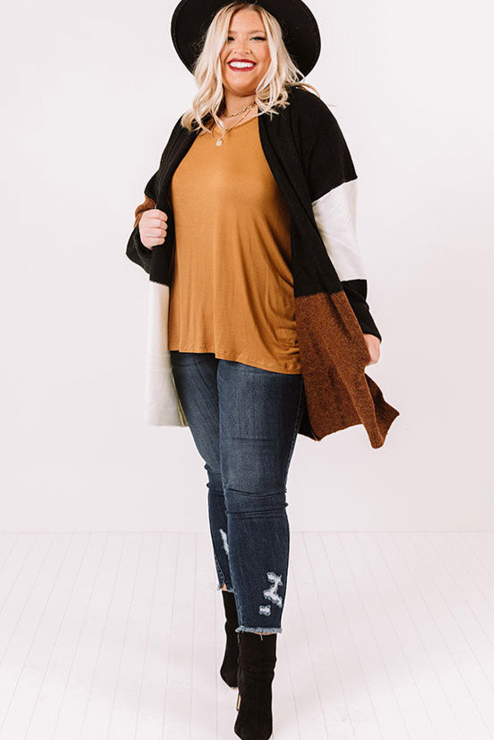 Brown Color Block Plus Size Open Front Cardigan