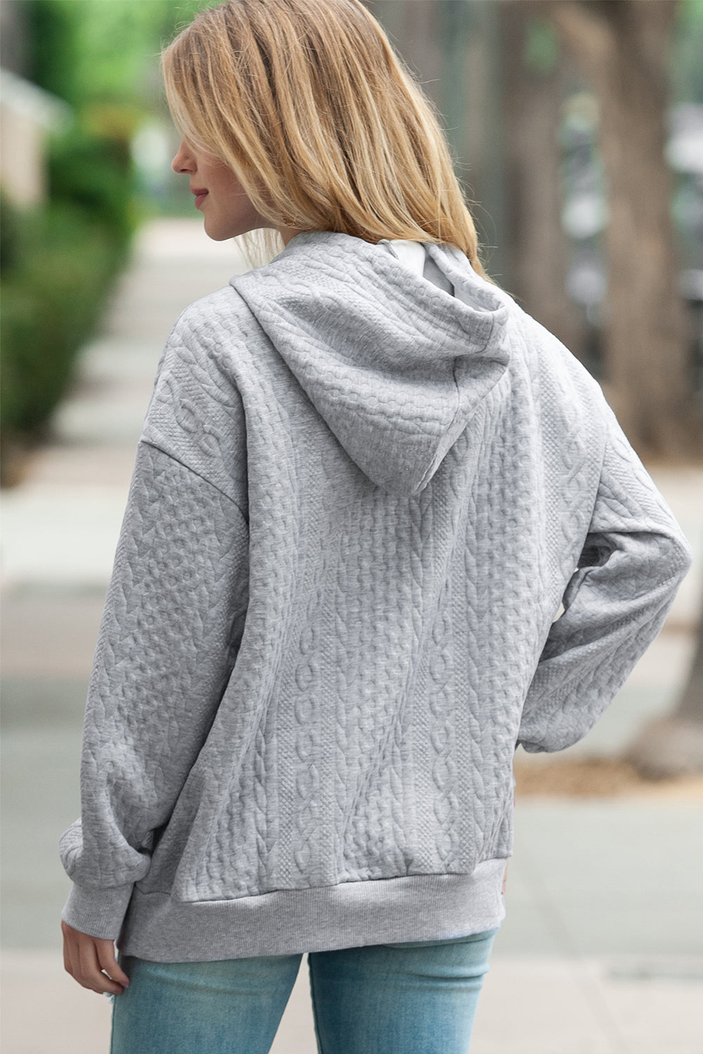 White Cable Textured Casual Drawstring Hoodie