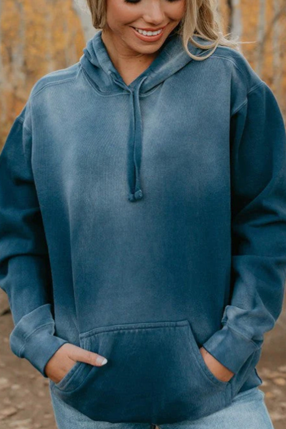 Dark Blue Washed Kangaroo Pocket Drawstring Hoodie