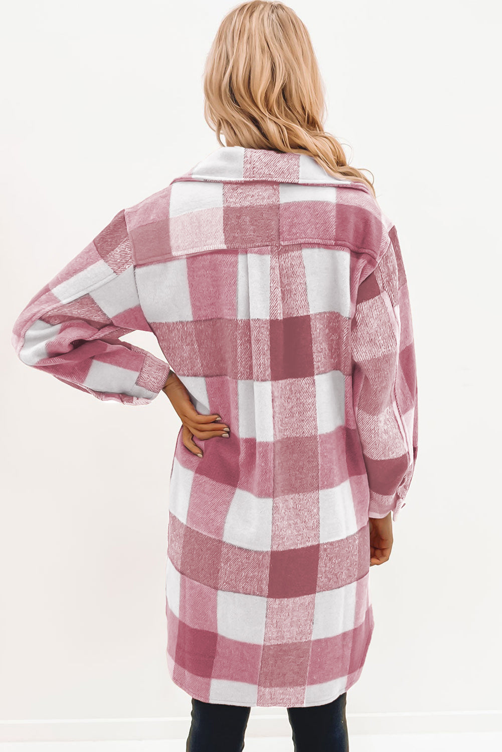 Rose Plaid Button Down Flap Pocket Long Shacket