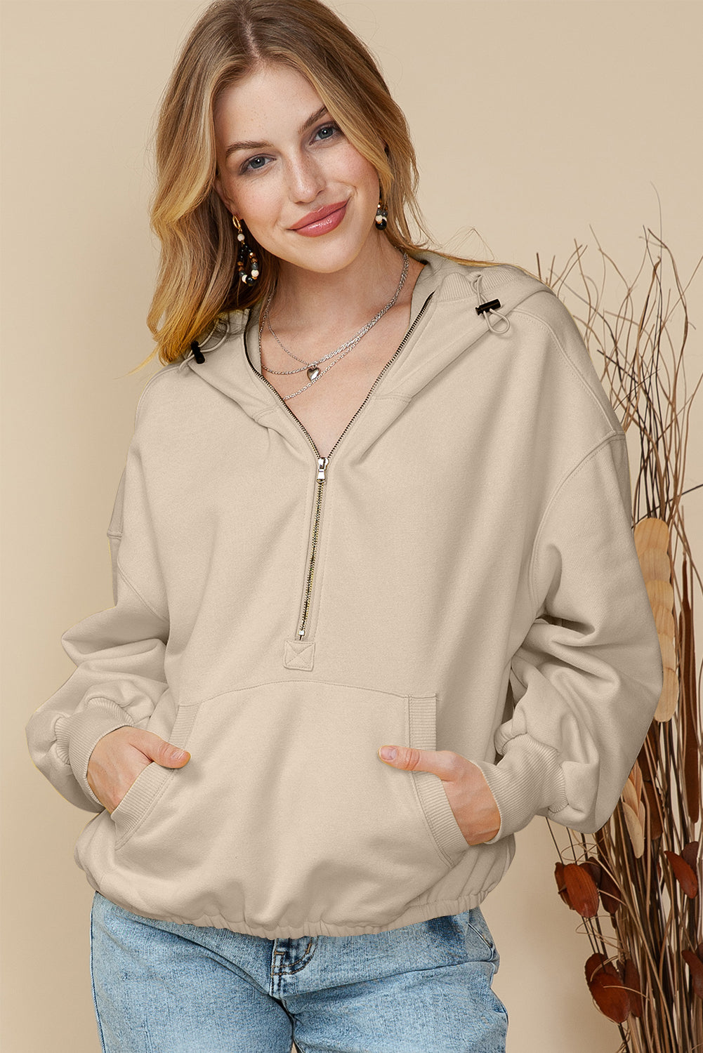 Brown Half Zip Pullover Hoodie with Kangaroo Pocket