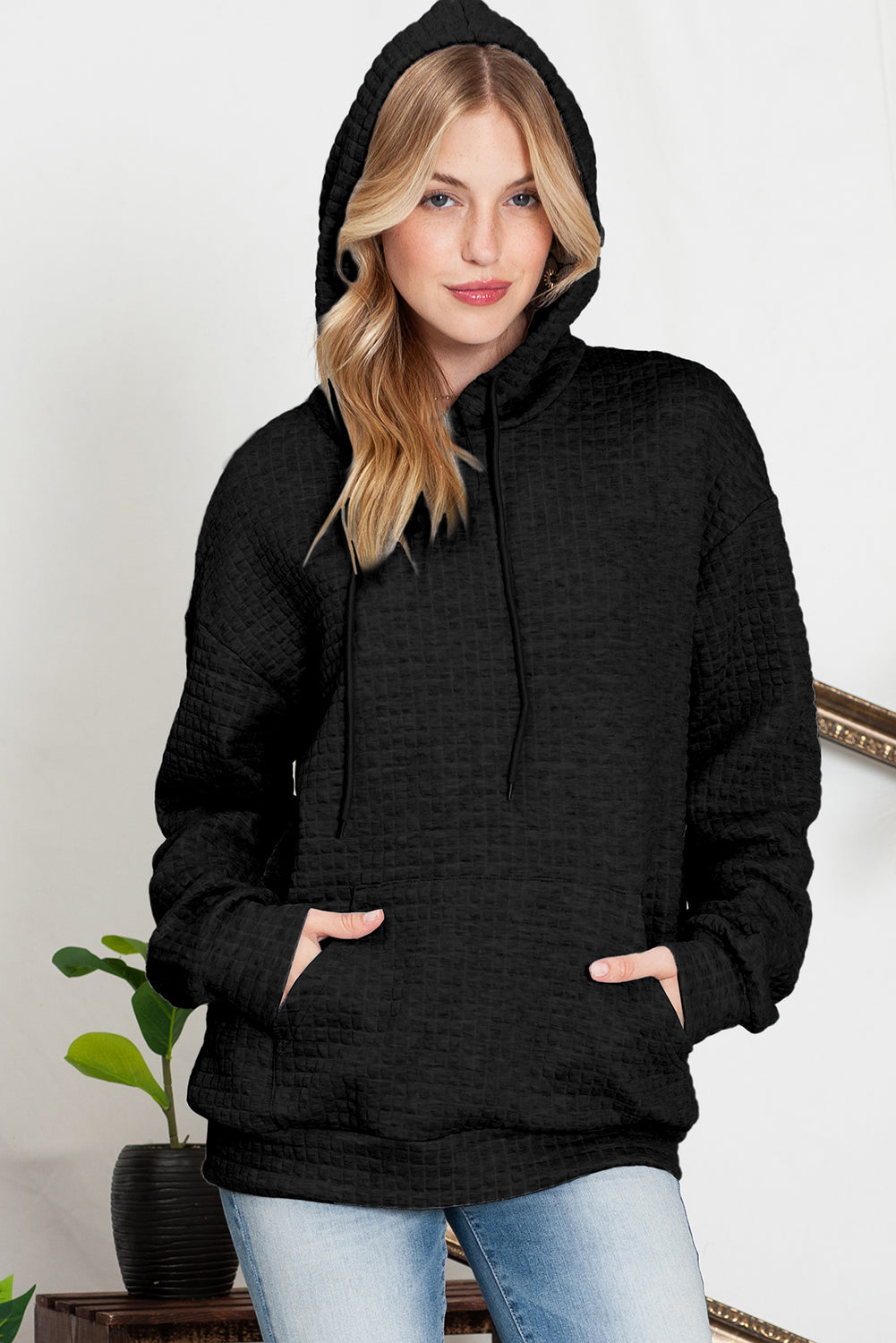 Black Lattice Textured Kangaroo Pocket Drawstring Hoodie