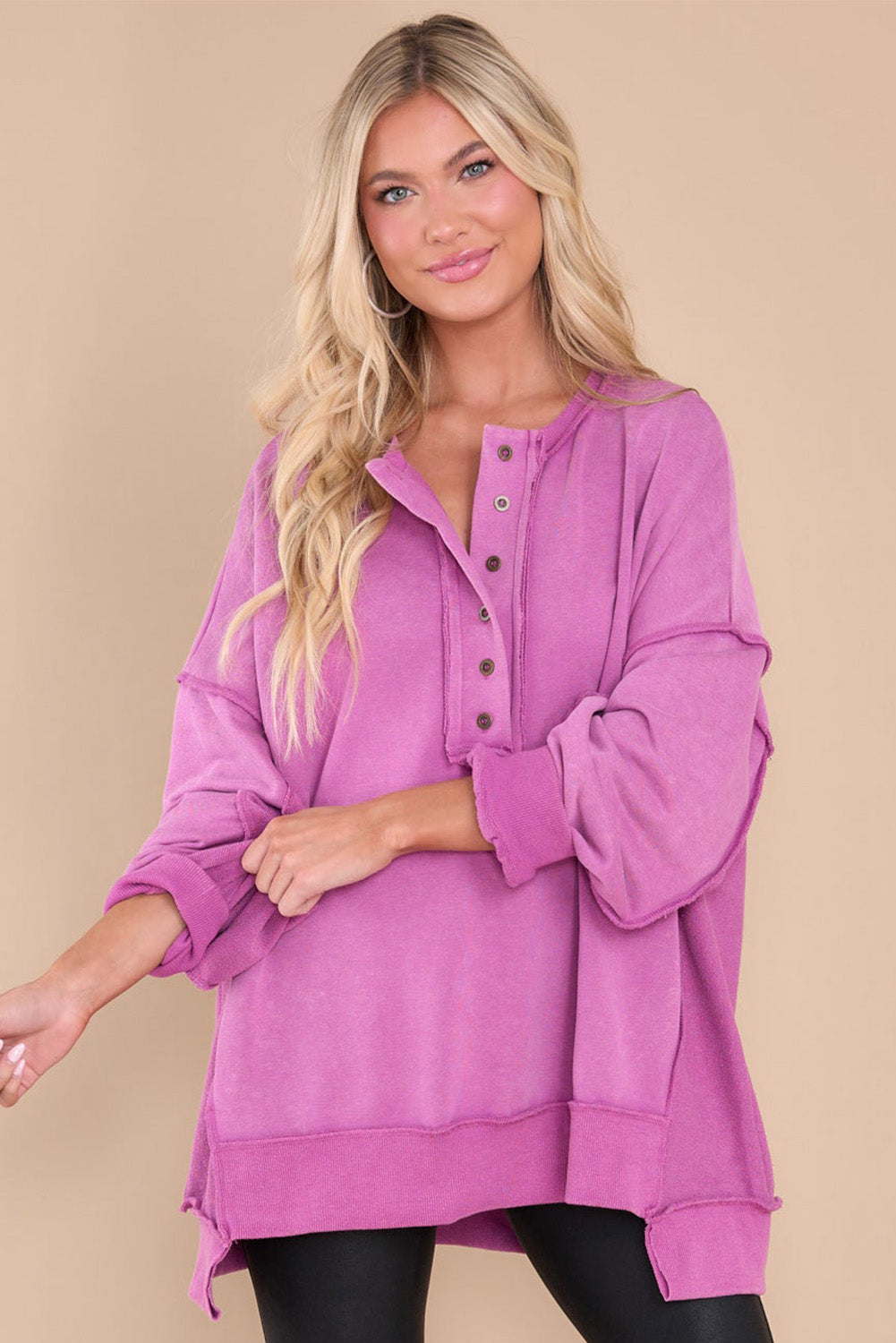 Green Patchwork Exposed Seam Oversized Henley Sweatshirt